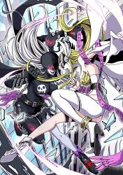  2girls absurdres angel angel_and_devil angel_wings angewomon asymmetrical_clothes bare_shoulders belt black_belt black_bodysuit blonde_hair bodysuit breasts building catfight chains clothing_cutout colored_skin commentary covered_eyes demon_girl digimoji digimon digimon_(creature) duel eikenkobayashi fallen_angel feathered_wings flying glass glass_shards gloves glowing glowing_eyes grabbing_another's_hair grey_hair grey_skin hagoromo helmet helmet_over_eyes high_heels highres holding_another's_hair holy_ring ladydevimon large_breasts long_hair mask multiple_girls multiple_wings pumps red_eyes shawl skull_print skyscraper solid_eyes stitches stomach_cutout strapless_bodysuit thigh_strap torn_bodysuit torn_clothes torn_wings winged_gloves winged_helmet wings wrist_wings 