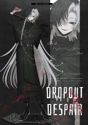  1boy axe belt belt_buckle black_background black_belt black_boots black_capelet black_coat black_eyes black_pants blood blood_on_weapon blood_splatter boots braid buckle call_of_cthulhu capelet coat commentary_request copyright_name curtained_hair dropout_despair empty_eyes evil_smile full_body grey_hair hair_over_one_eye highres holding holding_axe holding_weapon long_hair long_sleeves looking_at_viewer multicolored_hair no_pupils one_eye_covered over_shoulder pants pants_tucked_in paper parted_lips saba_sosk side_braid smile solo standing sweater_guard turtleneck two-tone_hair very_long_hair wallet_chain weapon weapon_over_shoulder 
