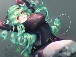  absurdres animal_ears bell black_dress breasts coffin_hair_ornament colored_sclera commentary cow_ears cow_girl cow_horns cow_tail cowbell crelly crelly_(mold_mother) cross-shaped_pupils dress female green_hair grey_sclera hair_between_eyes heterochromia highres horns indie_virtual_youtuber koyomichu large_breasts long_hair makeup mismatched_pupils mismatched_sclera mold mole mole_under_mouth red_eyes runny_makeup solo symbol-shaped_pupils tail untranslatable_commentary virtual_youtuber 