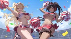  2girls absurdres arm_up armpits bare_shoulders bay_(nikke) belt black_hair blonde_hair blue_sky blush breasts cheerleader clay_(nikke) cloud crop_top dark_skin goddess_of_victory:_nikke hair_intakes hairband highleg highleg_panties highres holding holding_pom_poms large_breasts long_hair mole mole_under_mouth multicolored_hair multiple_girls navel open_mouth panties panty_straps pom_pom_(cheerleading) ponytail red_eyes red_hair red_skirt rewind_(nikke) shoes single_thighhigh skindentation skirt sky smile socks streaked_hair sweat teeth thick_thighs thigh_strap thighhighs thighs torn_clothes torn_thighhighs two-tone_tank_top underboob underwear very_sweaty visor_cap whistle whistle_around_neck white_belt white_panties white_socks zanmangkkoon 