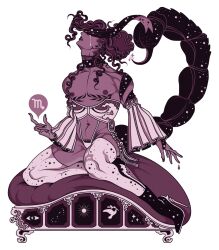  1boy bird blindfold choker crying curly_hair detached_sleeves greek_painting_style high_heels highres iliothermia implied_cuntboy laurel_tattoo male_pubic_hair mastectomy_scar navel original personification pubic_hair scar scar_on_chest scorpio_(symbol) scorpio_(zodiac) scorpion_boy scorpion_tail sparkle stinger tail thighhighs zodiac 