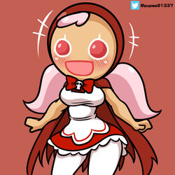  1girls blush breasts cherry_cookie clothed cookie_run cookie_run_kingdom cookie_run_ovenbreak dress female female_only flag_(artist) fully_clothed pink_hair red_background red_eyes simple_background smile solo stockings 