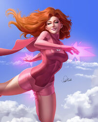  1girls artist_name artist_signature atom_eve cape cloud douglas_bicalho female female_only flying ginger invincible leotard light-skinned_female light_skin orange_hair red_hair sky smile solo solo_female superheroine tight_clothing voluptuous wide_hips 