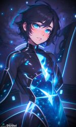  1boy abstract_background absurd_res ai_generated black_hair blue_eyes blush bodysuit cute darabri femboy feminine_male gay girly glowing logo looking_at_viewer looking_down medium_hair otoko_no_ko outlines pale_skin patreon patreon_logo planet pov pov_eye_contact solo solo_focus space stars trap yaoi 