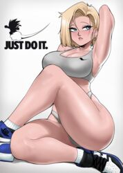  1girls 2022 android_18 blonde_hair blue_eyes breasts dragon_ball dragon_ball_z echosaber female female_only fully_clothed hi_res hips large_breasts modeling short_hair slim_waist sneakers solo sports_bra sportswear text thick_thighs thighs tight_clothing tight_fit wide_hips 