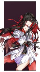  absurdres bare_shoulders black_hair border breasts character_name chisa_(wuthering_waves) colored_inner_hair commentary earrings female gloves hair_ornament hair_ribbon highres jacket jewelry long_hair medium_breasts multicolored_hair off_shoulder official_alternate_costume parted_lips red_eyes red_hair red_ribbon rena31415926 ribbon shirt skirt solo white_border white_gloves white_jacket white_shirt white_skirt wuthering_waves 
