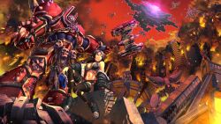  1boy 6+others adeptus_astartes apocalypse arm_rest armor axe bare_shoulders battle_axe bikini black_bikini black_choker black_jacket black_shoes black_skirt black_thighhighs blood_on_axe blood_on_hat breastplate breasts broken_glass brown_loincloth bullet_hole burning burning_building chains chaos_(warhammer) chaos_space_marine choker city clenched_hands closed_mouth commission concrete crossover crow_(nikke) debris english_commentary female fishnet_pantyhose fishnets from_below glass glitch glowing glowing_eyes goddess_of_victory:_nikke goth_fashion hand_on_ground helmet highres holding holding_axe holding_weapon jacket khorne_(cult) large_breasts linea_alba loincloth long_hair looking_to_the_side medium_hair midriff multiple_others navel pantyhose pauldrons power_armor raised_eyebrow rapture_(nikke) rebar red_armor red_eyes red_helmet red_sky robot ruins shoes shoulder_armor sideboob sitting skirt skull sky smoke spiked_pauldrons standing substance20 swimsuit thighhighs torn_clothes torn_thighhighs unworn_jacket warhammer_40k weapon world_eaters zipper 