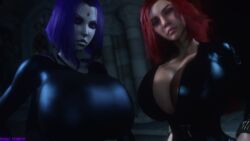  2girls 3d 3d_(artwork) alternate_breast_size artist_name black_widow_(marvel) bodysuit breasts breasts_bigger_than_head busty cambion cleavage clothing crossover dc dc_comics demon demon_girl drakepowers female female_only forehead_jewel grey-skinned_female grey_skin half_demon hourglass_figure huge_breasts human humanoid light-skinned_female light_skin looking_at_viewer lower_body marvel marvel_comics multiple_girls natasha_romanoff purple_hair rachel_roth raven_(dc) red_hair shirt spy superhero superheroine teen_titans thick_legs thick_thighs thighs unzipped unzipped_bodysuit upper_body watermark wide_hips 