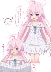  ! 1boy :d ^^^ absurdres ahoge bare_shoulders blue_archive blue_eyes blush brown_eyes closed_eyes closed_mouth clothes_lift collarbone cropped_jacket doodle_sensei_(blue_archive) dress dress_lift female frilled_dress frills hair_between_eyes halo heterochromia highres hoshino_(blue_archive) long_hair multiple_views oerba_yun_fang off-shoulder_dress off_shoulder out-of-frame_censoring pink_hair sensei_(blue_archive) simple_background smile takasuma_hiro translation_request very_long_hair white_background white_dress 
