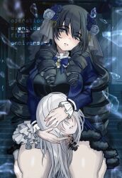  2girls 56koruru absurdres adelle_(eventide) alternate_costume android anniversary asymmetrical_clothes black_hair blue_eyes blue_flower blue_gem blue_rose breasts cable coat commentary copyright_name covering_another's_eyes dark_background decapitation dress flower frilled_dress frills gem glass_shards hair_flower hair_ornament head_tilt highres holding holding_detached_head kneeling large_breasts light_blush loafers long_hair looking_at_viewer miriam_(eventide) multiple_girls neck_ribbon official_art open_clothes open_coat open_mouth operation_eventide ribbon ringlets robot_girl rose shoes sidelocks socks thick_thighs thighs untranslatable_commentary veil very_long_hair white_hair 