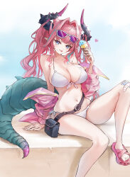  absurdres aqua_hair arknights arknights:_endfield bandaid bandaid_on_knee bandaid_on_leg bare_shoulders belt_pouch bikini black_horns blue_eyes blue_sky blush breasts cleavage closed_mouth collarbone commentary_request cone_hair_bun crossed_bandaids crumbs double_bun eyewear_on_head female garvini gradient_tail green_tail hair_bun hair_intakes hair_ornament hairclip highres holding holding_ice_cream_cone horns ice_cream_cone jacket large_breasts long_hair long_sleeves looking_at_viewer multicolored_hair multicolored_horns navel pink_hair pink_horns pink_jacket pink_sandals pink_tail pointy_ears pouch purple-tinted_eyewear sandals sitting sky smile solo stomach streaked_hair sunglasses swimsuit tail thighs tinted_eyewear toes tongue tongue_out twintails two-tone_hair two-tone_horns two-tone_tail white-framed_eyewear white_bikini yvonne_(arknights) 