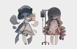 2girls apron arm_up bandage_over_one_eye bandaged_leg bandages bandana bandana_around_neck barefoot black_bow black_shoes blood blood_bag blood_on_clothes blood_stain bow brown_hair closed_mouth commentary cone_hair_bun cross cross_print curly_hair dress expressionless frilled_dress frills frown ghost grey_dress grey_eyes grey_hair hair_bun hairbow hat highres holding holding_lantern holding_stuffed_toy intravenous_drip iv_stand lace lace-trimmed_apron lace-trimmed_dress lace-trimmed_straps lace_trim lantern layered_dress long_sleeves multiple_girls naiguozi nurse nurse_cap open_mouth original puffy_long_sleeves puffy_sleeves red_bow red_cross red_eyes ribbon scared shoes short_hair sleeveless sleeveless_dress standing standing_on_one_leg stuffed_animal stuffed_toy tearing_up teddy_bear toes turtleneck turtleneck_dress untranslatable_commentary white_apron white_background white_dress white_ribbon 