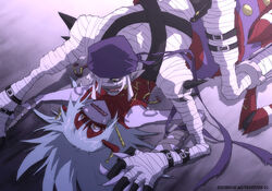  1boy all_fours amatera archnemon arm_up arthropod_girl bandage_over_one_eye bandages bandana belt black_belt boy_on_top buckle buttons chest_strap colored_skin commentary_request constricted_pupils copyright_name covered_collarbone cuffs digimon digimon_(creature) digimon_adventure_02 domino_mask dutch_angle earrings evil_smile eye_contact female from_above grey_hair grey_skin hair_between_eyes hair_spread_out half-closed_eyes halterneck hand_up holding_hands horns interlocked_fingers jewelry long_hair looking_at_another looking_down looking_up lying mask mummy mummymon narrow_waist on_back one_eye_covered open_mouth oversized_limbs pointy_ears purple_bandana purple_skin restrained scared shadow sharp_teeth shoulder_spikes sleeveless smile spider_girl spikes straddling sweatdrop teeth thigh_strap turtleneck wide-eyed wrist_straps yellow_eyes you_gonna_get_raped 