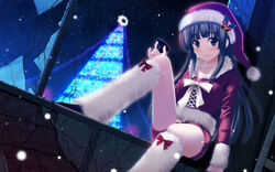  black_hair boots brown_eyes christmas christmas_tree commentary_request dutch_angle female hat kazumasa long_hair original photoshop_(medium) santa_costume santa_hat snow solo 