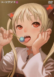  absurdres blonde_hair candy cover dvd_cover female food hair_ornament highres ishida_karin licking lollipop long_hair murata_range official_art photoshop_(medium) red_eyes scan shangri-la solo tongue twintails upper_body zipper 