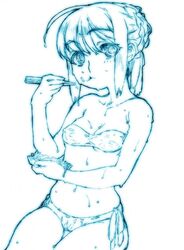  artoria_pendragon_(fate) bikini blue_theme chopsticks commentary_request eating fate/stay_night fate_(series) female food monochrome saber_(fate) side-tie_bikini_bottom solo swimsuit urabe_katsuto wet 