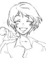  baseball_bat commentary_request female greyscale happy konno_makoto monochrome short_hair smile solo toki_wo_kakeru_shoujo urabe_katsuto 