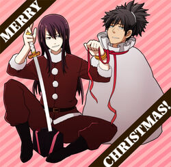  2boys bad_id bad_pixiv_id black_eyes black_hair bracelet christmas green_eyes grin jewelry long_hair male_focus multiple_boys nakamura_hiro_(nobody10ch) photoshop_(medium) ponytail raven_(tales) sack santa_costume smile sword tales_of_(series) tales_of_vesperia weapon yuri_lowell 