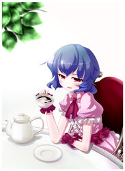  blue_hair commentary_request cup female highres no_headwear red_eyes remilia_scarlet short_hair sitting smile solo tama_(speedgrapher) tea teacup teapot touhou wrist_cuffs 