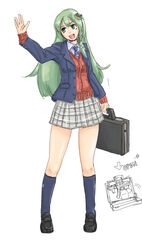  alternate_costume commentary_request female frog green_eyes green_hair gun hair_ornament highres kochiya_sanae legs long_hair michael-x salute school_uniform skirt snake solo touhou vulcan_salute weapon 