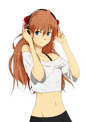  bare_shoulders blue_eyes commentary_request crop_top female headphones long_hair midriff navel neon_genesis_evangelion orange_hair simple_background smile solo souryuu_asuka_langley sweat yammy_(cellblo) 