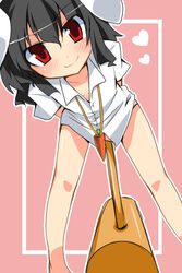  animal_ears black_hair blush carrot commentary_request downblouse dress_shirt female heart inaba_tewi jewelry leaning_forward looking_at_viewer mallet morino_harifu no_pants pendant rabbit_ears red_eyes shirt short_hair simple_background smile solo touhou 