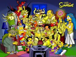  3girls 6+boys abe_simpson alcohol alien animal apu_nahasapeemapetilon armor baby bart_simpson beer blinky_(the_simpsons) blue_hair cane canine clancy_wiggum couch doughnut eduardo_wheeler fish food glasses groundskeeper_willie homer_simpson jeff_albertson lamp lisa_simpson lolicon long_hair maggie_simpson marge_simpson milhouse_van_houten montgomery_burns multiple_boys multiple_girls ned_flanders parody pillow polearm saint_seiya santa&#039;s_little_helper sideshow_bob television the_simpsons trident waylon_smithers weapon 