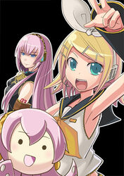  2girls armpits blonde_hair chiyomi commentary_request detached_sleeves headset kagamine_rin long_hair megurine_luka multiple_girls pink_hair ribbon short_hair takoluka vocaloid 