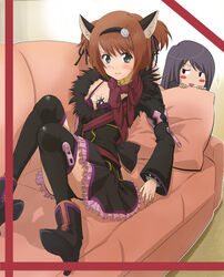  1boy alternate_costume animal_ears bad_id bad_pixiv_id black_eyes black_hair brown_hair cat_ears choker female hairband jitome long_hair official_alternate_costume photoshop_(medium) rita_mordio rita_mordio_(miska_doctoral_degree) short_hair smile tales_of_(series) tales_of_vesperia thighhighs yan_dolphin yuri_lowell 