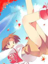  asoka ass backpack bag brown_eyes brown_hair commentary_request female leaf short_hair shorts solo umihara_kawase umihara_kawase_(character) 