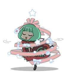  bad_id bad_pixiv_id bell boots candle christmas christmas_ornaments christmas_stocking closed_eyes dress female frills front_ponytail green_hair hair_ribbon kagiyama_hina ribbon rodney_(melagal) santa_claus smile solo spinning star_(symbol) touhou wreath 