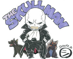  1boy chibi commentary_request copyright_name dated gorigo highres male_focus photoshop_(medium) shingyouji_reina shingyouji_tetsurou skullman_(ishimori_shoutarou) solo the_skullman traditional_media 