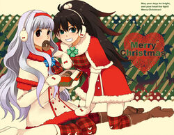  2girls bad_id bad_pixiv_id black_hair blue_eyes boots capelet christmas doughnut earmuffs elbow_gloves food ganaha_hibiki gloves grey_hair idolmaster idolmaster_(classic) long_hair looking_at_viewer masaki_(celesta) mittens multiple_girls pantyhose ponytail red_eyes santa_costume shijou_takane thighhighs zettai_ryouiki 