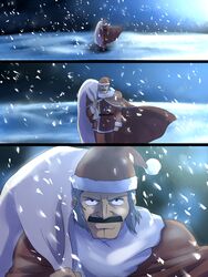  1boy cape christmas commentary_request facial_hair g_gundam gundam hat highres male_focus manly master_asia migo moustache santa_costume snow 