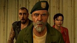  2boys 3d beard bill_(left_4_dead) blood blood_stain bruise cigarette facial_hair female francis_(left_4_dead) grey_hair hat injury left_4_dead multiple_boys tattoo vest zoey_(left_4_dead) 