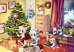  4girls animal_ears arrow_(symbol) belt blonde_hair blue_eyes blue_hair blush bow braid building cabinet christmas christmas_tree circled_9 cirno commentary_request cookie couch cross crucifixion cup curtains decorations detached_sleeves dress food frills fruit gift gloves green_hair grey_hair hair_bobbles hair_ornament hair_ribbon hairbow hat heart hinanawi_tenshi indoors inubashiri_momiji izayoi_sakuya jesus kagiyama_hina long_hair long_sleeves lying maid maid_headdress moriya_suwako multiple_girls nagae_iku night night_sky on_side onozuka_komachi open_mouth peach photo_(object) photoshop_(medium) picture_frame pillow pinecone pink_eyes pink_hair plaid purple_hair pyonta rabbit_ears red_eyes red_hair reisen_udongein_inaba ribbon rug saigyouji_yuyuko saturday_night_fever scarf short_hair short_sleeves sitting skirt sky smile snow snowflakes snowman socks star_(symbol) steam striped tail tokin_hat touhou tree twin_braids two_side_up wariza white_hair window wolf_ears wolf_tail wreath yellow_eyes ysrandy 