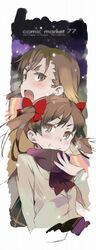  2girls blush bow brown_eyes brown_hair cold commentary_request grin hair_ribbon itachi_(3dt) misaka_mikoto multiple_girls ribbon scarf shirai_kuroko short_hair smile sweater toaru_kagaku_no_railgun toaru_majutsu_no_index tsundere twintails winter_clothes 