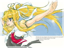  air_(visual_novel) blonde_hair blue_eyes blush commentary_request female kamio_misuzu long_hair necktie outstretched_arms ponytail school_uniform solo spread_arms urabe_katsuto 