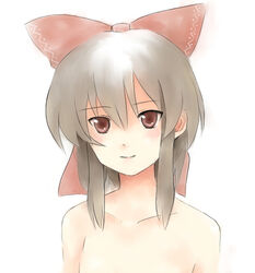  bare_shoulders bow brown_eyes brown_hair commentary_request female hairbow hakurei_reimu kuma_panda red_bow simple_background smile solo touhou upper_body 