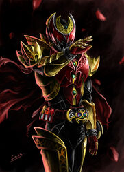  1boy armor belt cape commentary_request dead_pepper full_armor gold_armor highres kamen_rider kamen_rider_kiva kamen_rider_kiva_(emperor_form) kamen_rider_kiva_(series) kivat-bat_iii male_focus photoshop_(medium) solo tokusatsu 