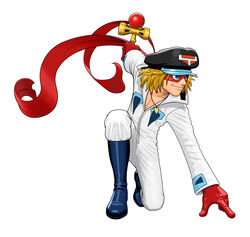  1boy absurdres blonde_hair bodysuit boots full_body gloves hat highres kendama male_focus manly mask mori_toshiaki official_art on_one_knee open_collar outstretched_arms peaked_cap scarf simple_background solo spread_arms takada_gan tatsunoko_vs_capcom time_bokan_(series) yatterman 