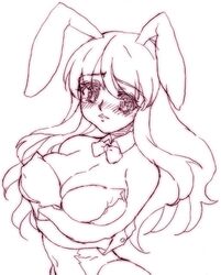  animal_ears asahina_mikuru blush breasts cleavage commentary_request fake_animal_ears female huge_breasts long_hair monochrome official_alternate_costume playboy_bunny rabbit_ears solo suzumiya_haruhi_no_yuuutsu tears urabe_katsuto 