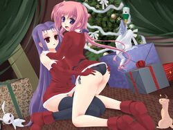  2girls alcohol ass bottle bow caro_ru_lushe christmas christmas_tree commentary_request dragon drinking ferret frapowa friedrich_(nanoha) gift hairbow long_hair lutecia_alpine lyrical_nanoha mahou_senki_lyrical_nanoha_force multiple_girls noroi_usagi panties photoshop_(medium) pink_hair ponytail purple_eyes purple_hair rabbit red_eyes santa_costume stuffed_animal stuffed_rabbit stuffed_toy thighhighs underwear very_long_hair wine yuri yuuno_scrya 