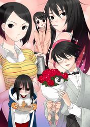  1boy 4girls alcohol angry arai_chie bad_id bad_pixiv_id beer bird black_hair bouquet flower fuura_kafuka glasses gym_uniform itoshiki_nozomu kitsu_tane komori_kiri momo_uzura multiple_girls nabe penguin sayonara_zetsubou_sensei shosei 