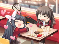  2girls =_= alpha_(yukai_na_nakamatachi) asami_asami bag black_hair blush chibi food hairband hayakawa_yuriko heart mikadozaki_kaede multiple_girls school_uniform w.l.o_sekai_ren&#039;ai_kikou 