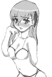  bikini blush breasts cleavage commentary_request fate/stay_night fate_(series) female greyscale large_breasts long_hair matou_sakura monochrome solo swimsuit urabe_katsuto 