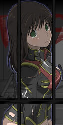  akito_(owata11) bad_end bad_id bad_pixiv_id blood_on_wall bondage bondage bottomless bound brown_hair captured female graffiti green_eyes in_cell prison prisoner setsuko_ohara solo super_robot_wars super_robot_wars_z super_robot_wars_z1 tears torn_clothes torture_instruments 