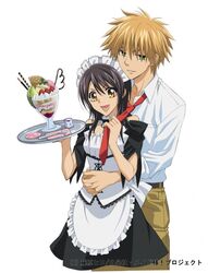  1boy apron ayuzawa_misaki black_hair choker corset couple dessert dress female food fruit green_eyes hug ice_cream kaichou_wa_maid-sama! maid maid_headdress necktie orange_eyes orange_hair smile spiked_hair spoon straight strawberry tray usui_takumi 