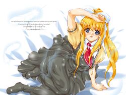  air_(visual_novel) blonde_hair blue_eyes blush boots commentary_request dress female hair_ribbon kamio_misuzu long_hair lying necktie ponytail ribbon school_uniform solo urabe_katsuto 