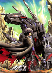  1boy claws cloak commentary_request dinosaur facial_mark genosaurer gloves male_focus mecha non-humanoid_robot raven_(zoids) robot robot_animal seijun shadow_(zoids) signature solo tail teeth torn_clothes tyrannosaurus zoids zoids_chaotic_century 